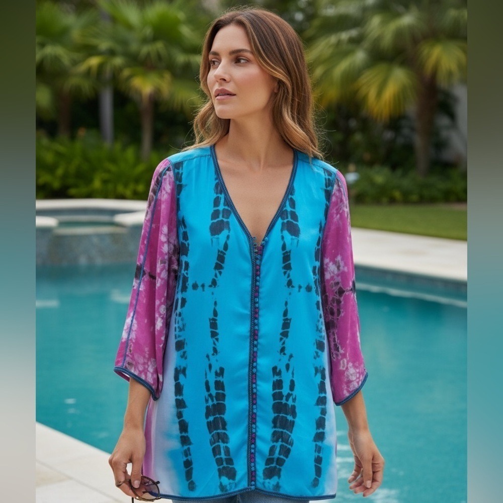 Soft Surroundings Curacao Silk Tie Dye Tunic Top Blue Pink Pom Pom‎ Trim Medium
